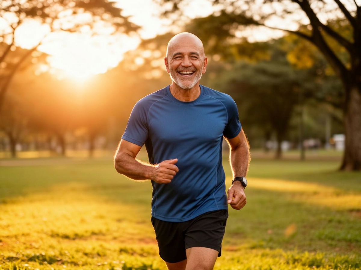 Homem ativo próximo dos 60 anos caminhando e sorrindo ao amanhecer